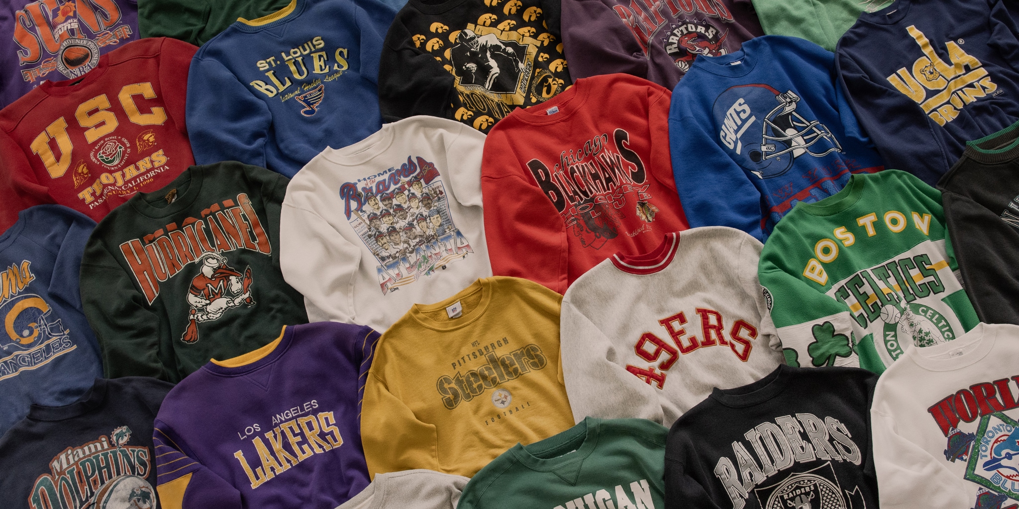 A spread of vintage team sweatshirts